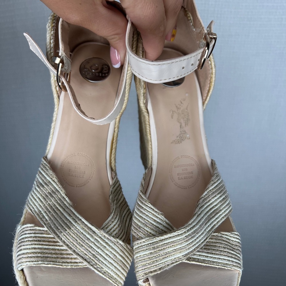 LOB Footwear Womens Espadrille Platform Wedge Sandals Cross Strap Gold Strappy‎ - Picture 4 of 9